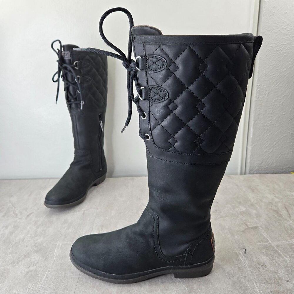 UGG Tall Equestrian Boots Sz 7 Waterproof Black Quilted Leather Knee High Riding
